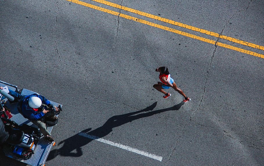 woman, running, gray, asphalt, red, tops, road, people, fitness, race