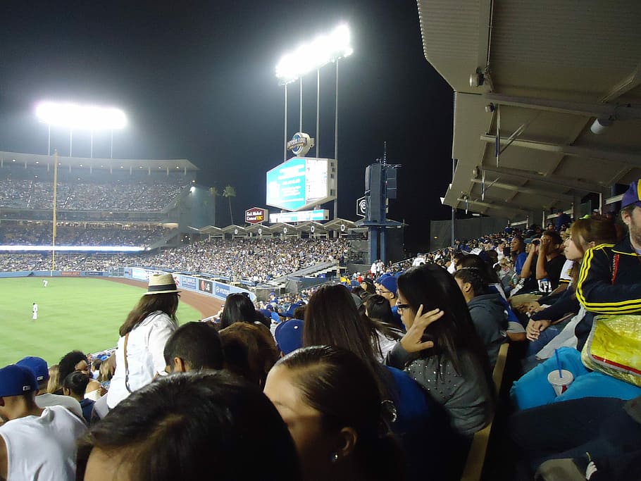 Dodgers, Béisbol, Estadio, Aficionados, los ángeles, campo, gran grupo de personas, multitud, fanático, público