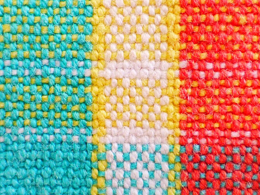 teal, yellow, white, red, knitted, rug, cloth, woven fabric, pattern, color