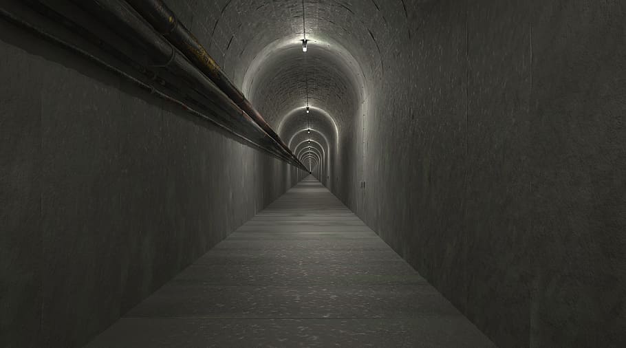 gray, concrete, tunnel, light bulb, gang, architecture, escape, underpass, bunker, dark