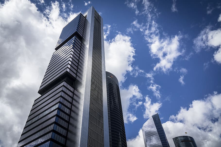 madrid, skyscraper, spain, architecture, building exterior, built structure, office building exterior, low angle view, sky, building