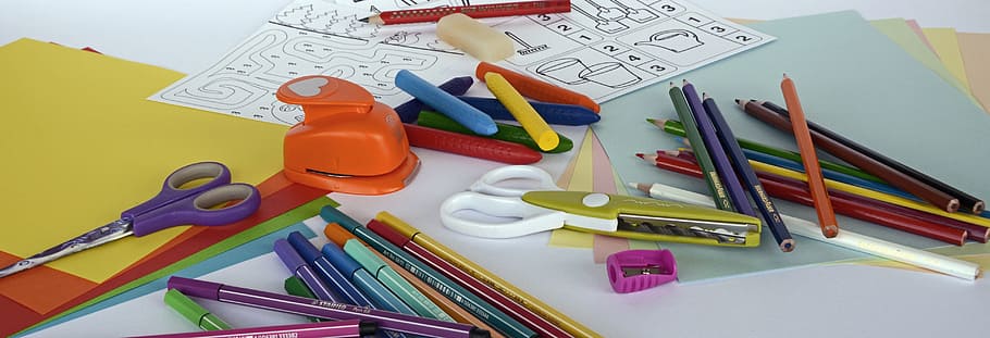 gunting, pensil, atas, kertas, pulpen ujung merasa, pensil warna, krayon, pena, menggambar, warna