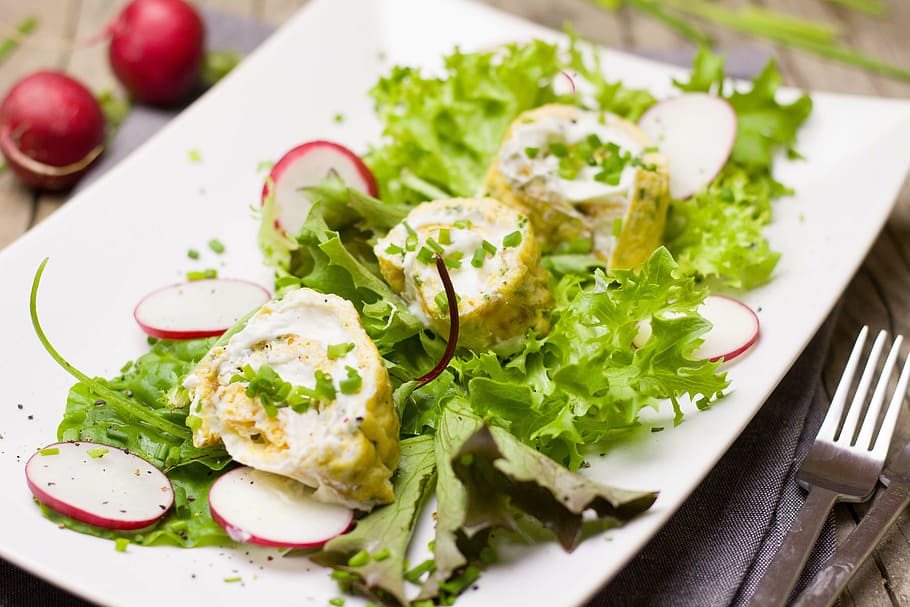 vegetable salad dish, salad, leaf lettuce, radishes, egg, omelette, filled, easter, starter, eat