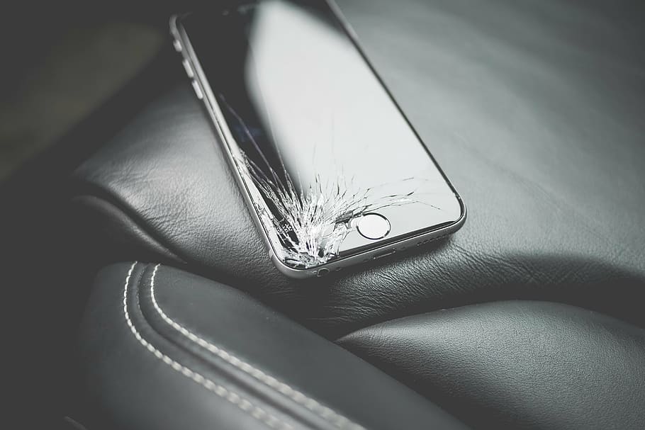cracked, space, gray, iphone 6, black, leather textile, brand, broken, close-up, damaged