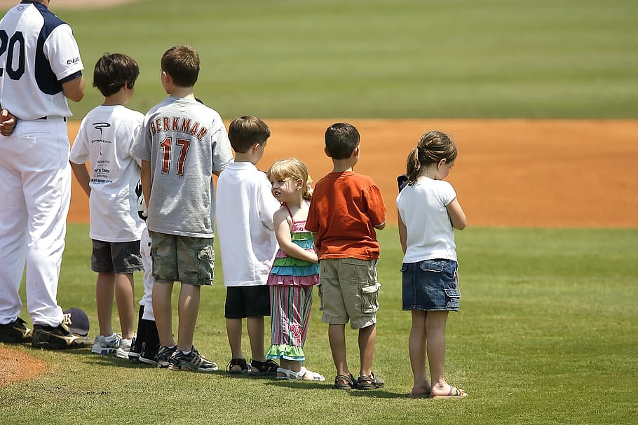 national anthem, baseball game, baseball fans, children, pre-game, baseball diamond, baseball, college, fans, singing