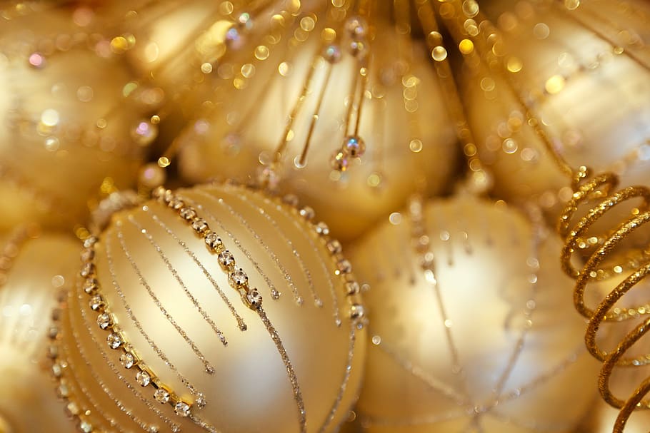 shallow, focus photography, gold-colored bauble, background, ball, bauble, bright, celebration, christmas, decoration
