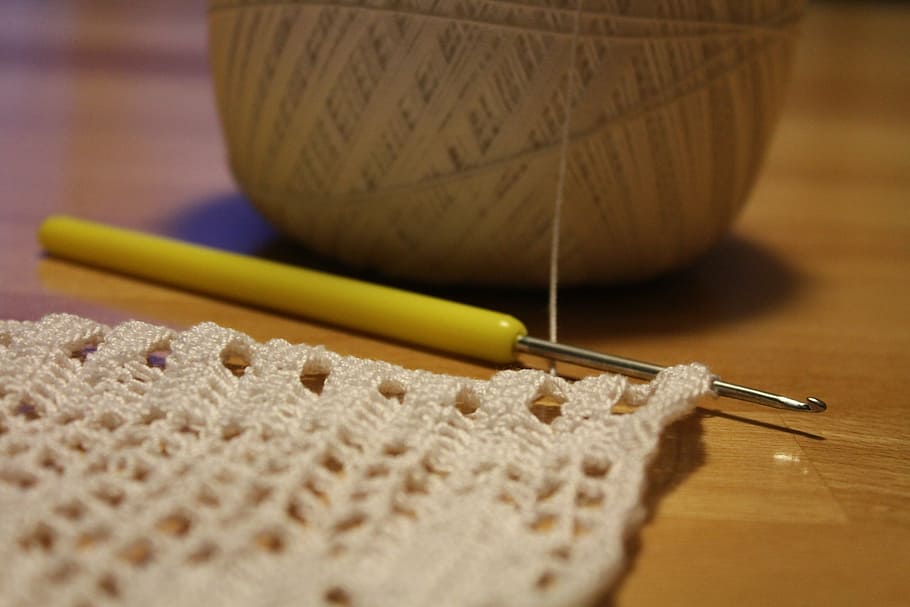 white crochet textile, crochet, crochet hook, hobby, close, tangle, hand labor, yarn, wood - Material, craft