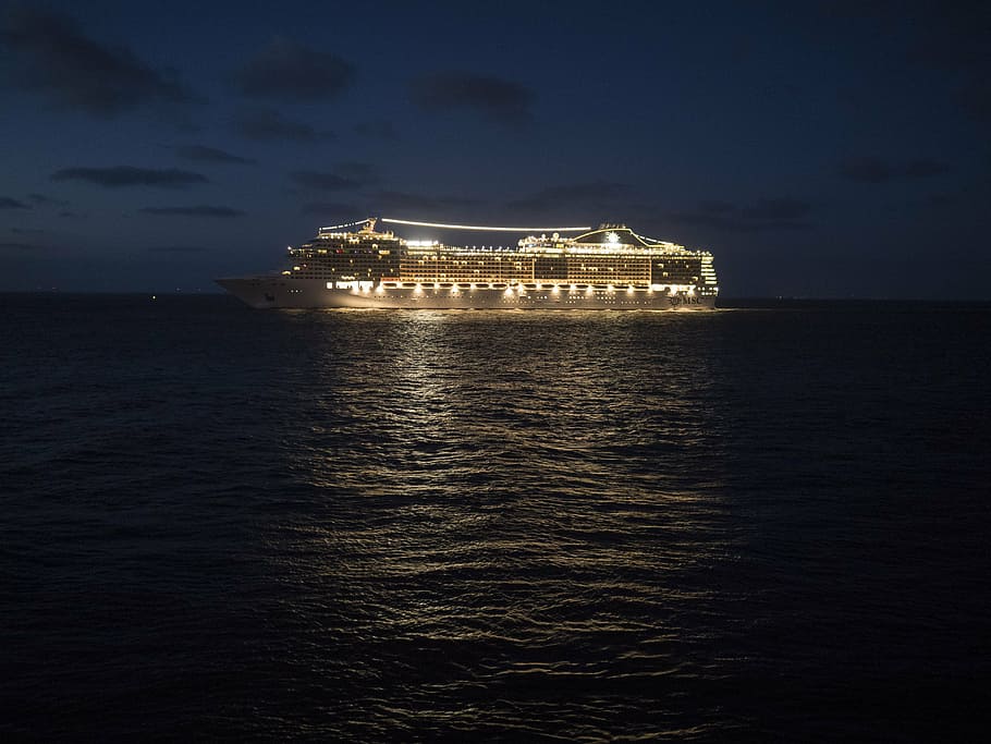 port, ship, cruise ship, night, lights, coast, msc, sky, romantic, sea
