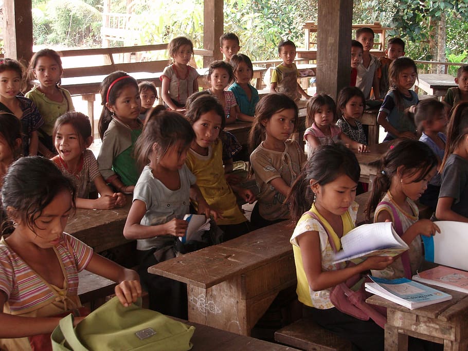 kelompok, anak, siang hari, siswa, sekolah dasar, desa, laos, anak-anak, instruksi, laos selatan