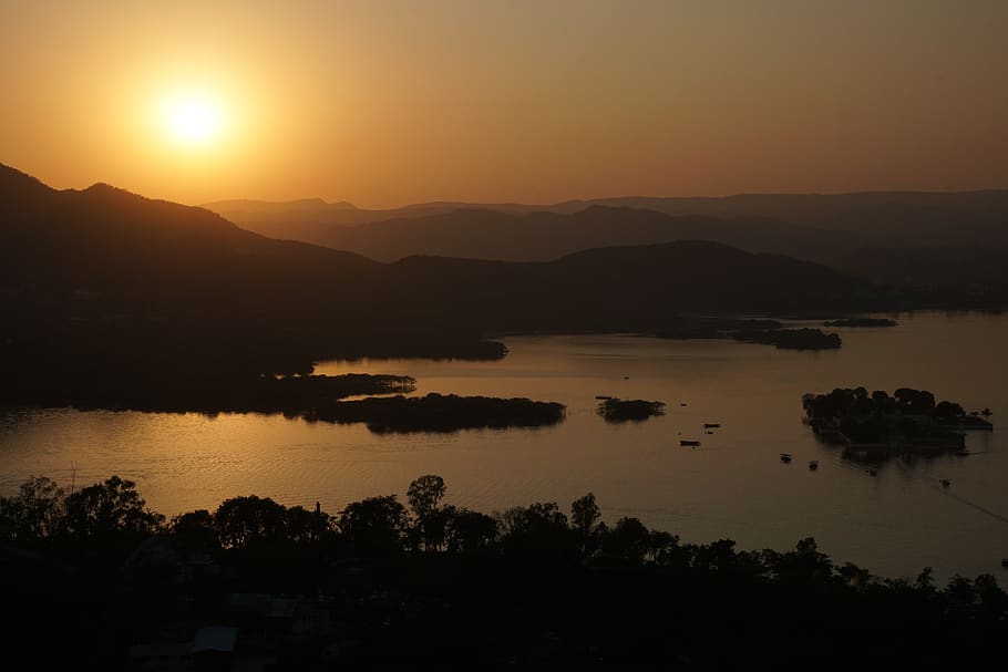 sunset, dawn, waters, nature, sun, udaipur, evening sky, abendstimmung, setting sun, golden