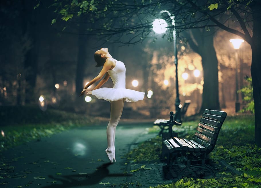 ballerina, posing, front, bench, nighttime, dancer, urban landscape, night, dance, tree