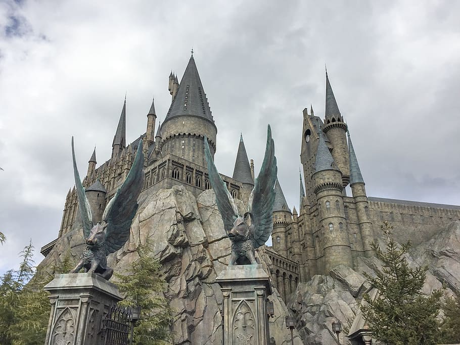 cinza, bege, concreto, dia, Castelo de Hogwarts, Hogwarts, Castelo, Harry Potter, Osaka, estúdios universais