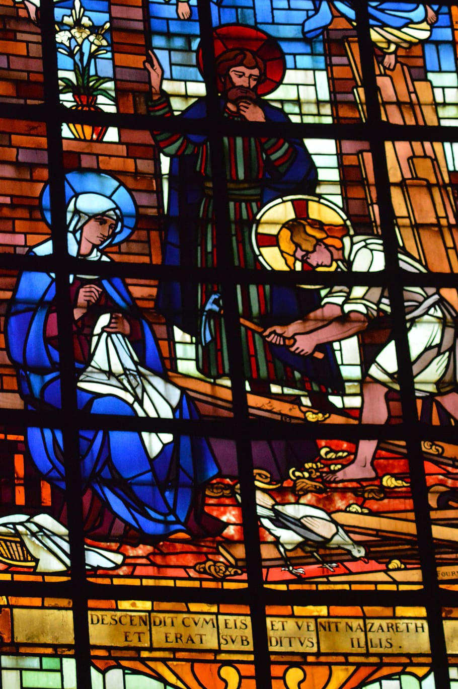 stained glass, window, church, jesus, mary, joseph, sainte, family, nazareth, work