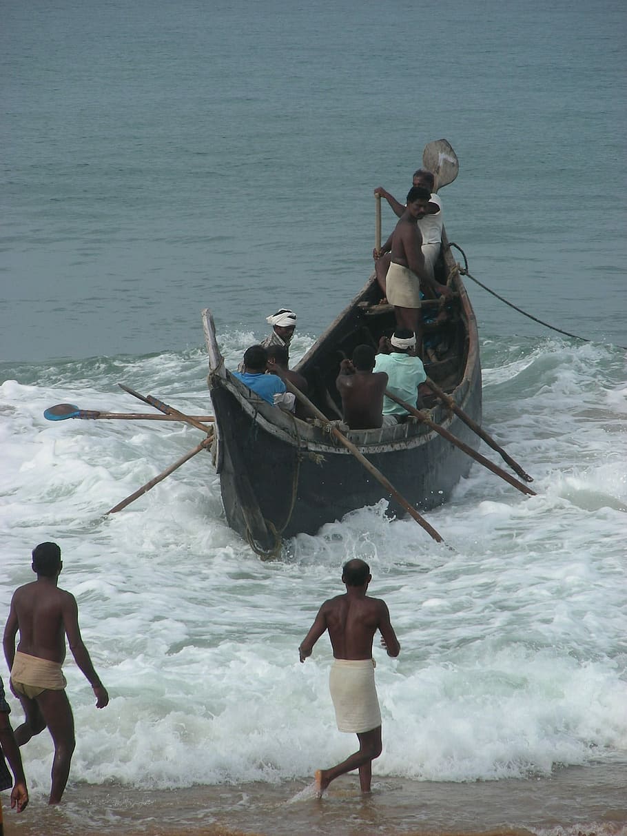 Fischer, Boot, India, Kerala, mar, sin camisa, dos personas, longitud completa, playa, embarcación náutica