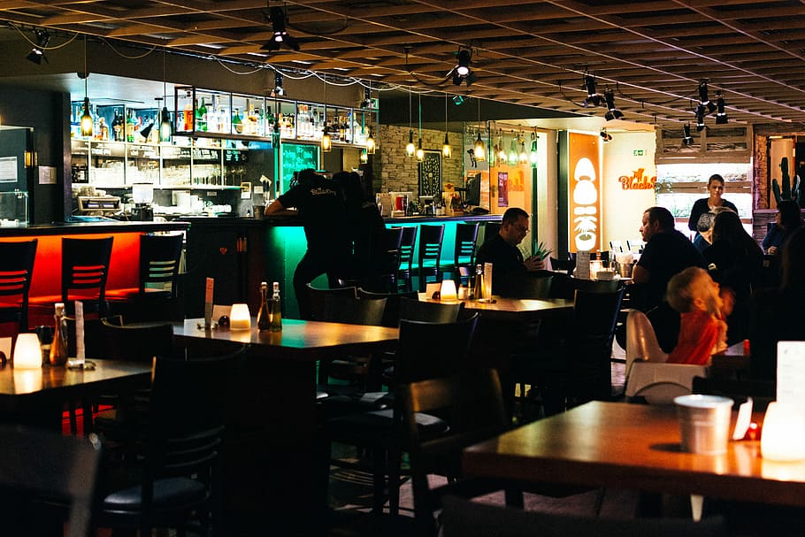 restaurant’s bar interior, Restaurant, bar, interior, indoors, table, cafe, people, bar - Drink Establishment, business