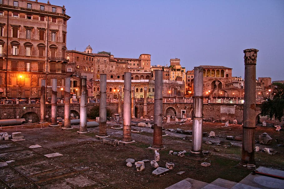 ruins, columns, italy, rome, forum of trajan, night, ancient architecture, architecture, built structure, history