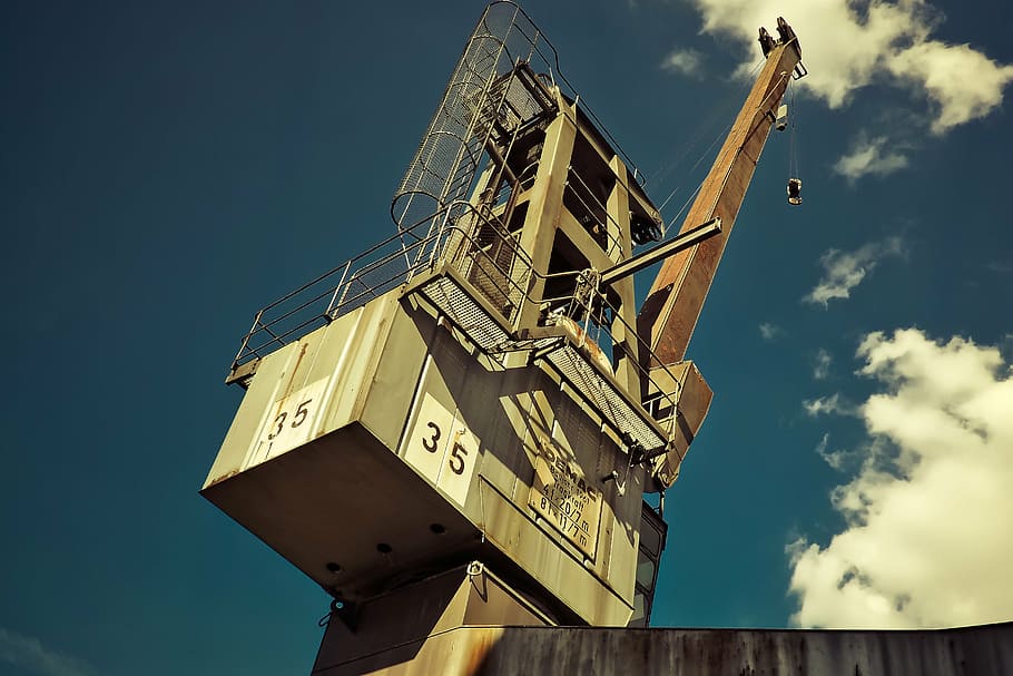 crane, load crane, lift loads, lifting crane, industry, port, industrial crane, düsseldorf, blue, ship crane