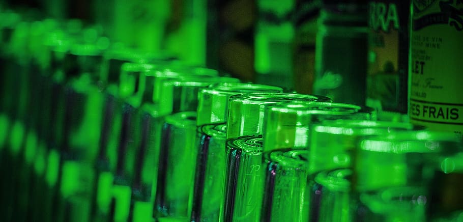 clear glass container, Glass, Bottles, Green, Green, Green Glass, glass, bottles, green, colorful, bar, liquid