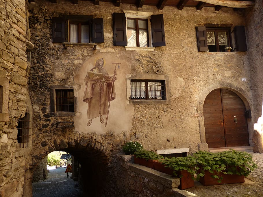 Mural, santo, pintura, religión, arte, iglesia, obra de arte, medieval, pueblo, canale di tenno