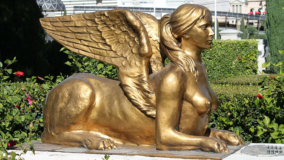 brass sculpture, daytime, statue, female, stone, sphinx, stone figure, sculpture, lady, ancient