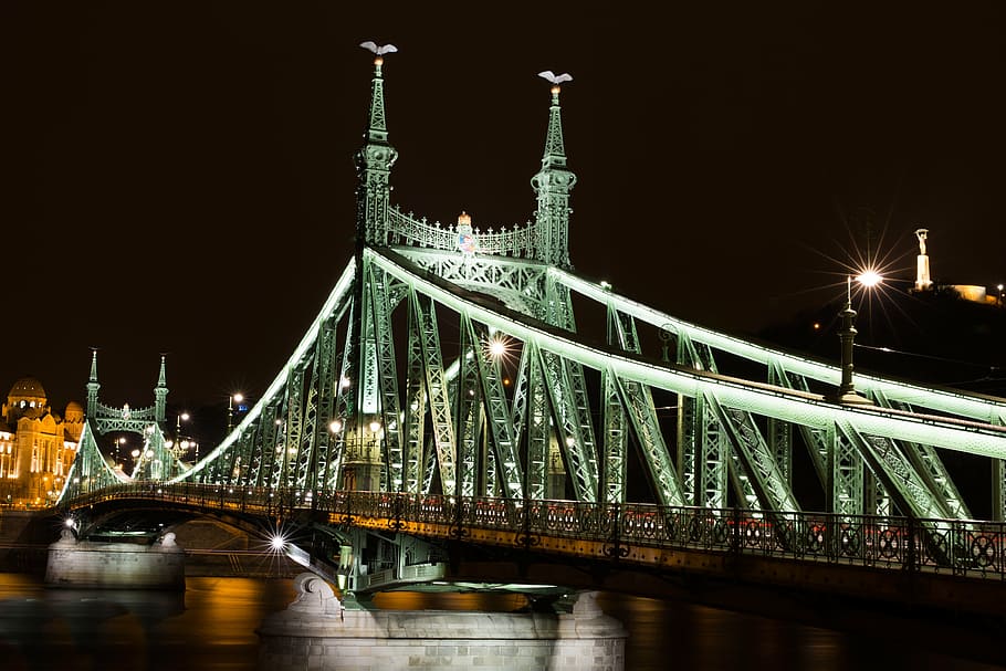 fotografi arsitektur, abu-abu, jembatan, budapest, jembatan liberty, jembatan franz-joseph, szabadság híd, hungary, danube, jembatan danube