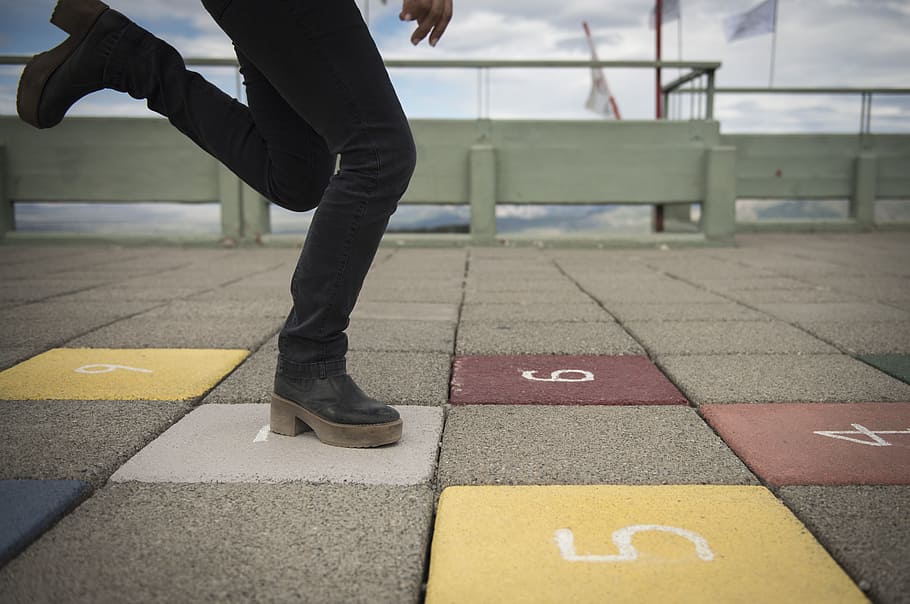 hopscotch, game, numbers, low section, one person, real people, human leg, body part, leisure activity, lifestyles
