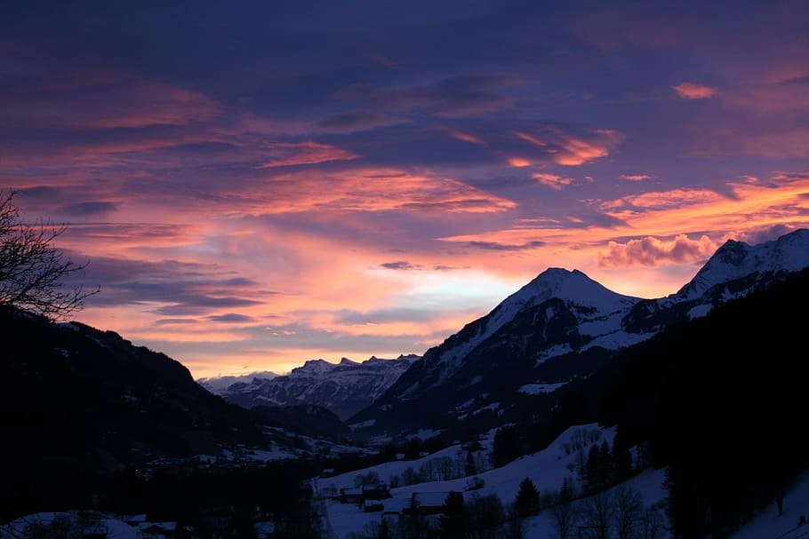 landscape photo, mountain snow field, sunset, mountains, afterglow, evening sky, abendstimmung, bernese oberland, sun, sky