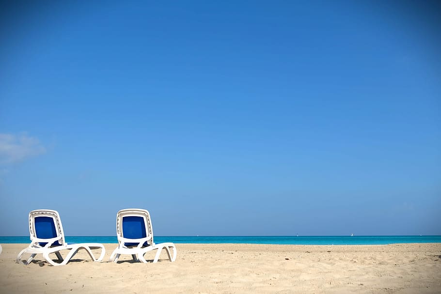 two, deckchair, seashore, beach, calming, sky, sand, waters, ease, summer