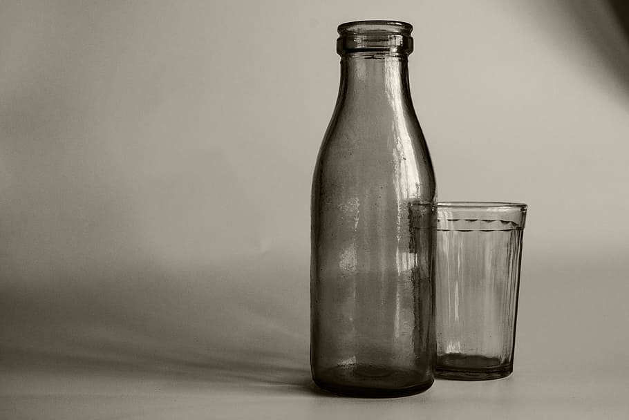 gelas, botol, hitam dan putih, still life, yogurt, tua, soviet, retro, botol kaca, gaya
