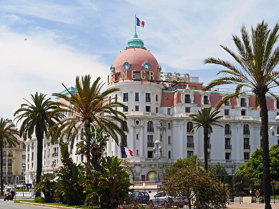 Nice, Hotel, Côte D 'Azur, famoso, vieux, le negresco, palmeiras, bandeira, torre, hoary
