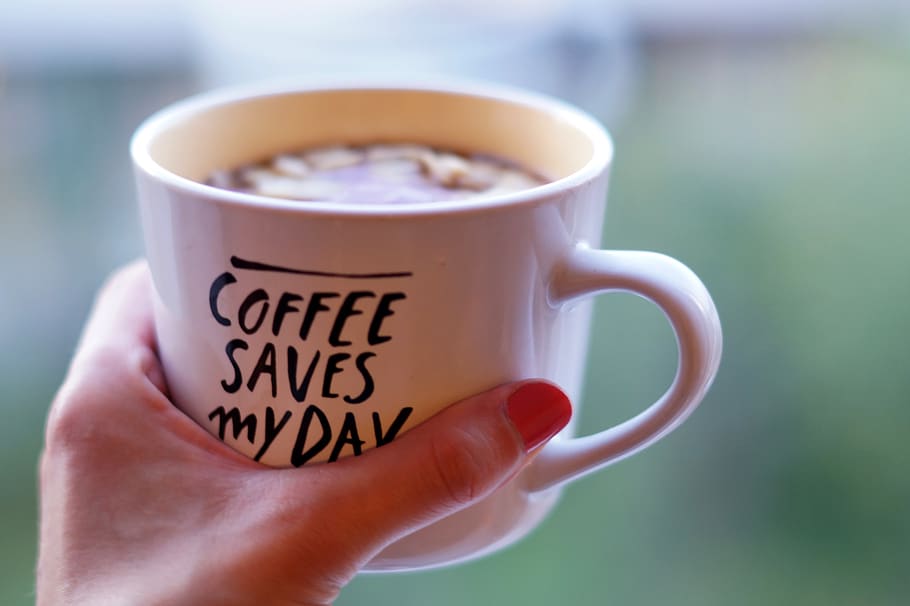 coffee, mug, foam, coffee cup, closeup, drink, morning, hand, energy, vitality