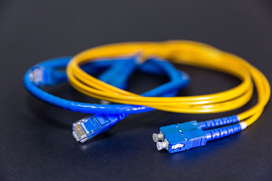 синий, желтый, волокно, оптика, кабели, сеть, волоконная оптика, данные, технология, кабельное соединение