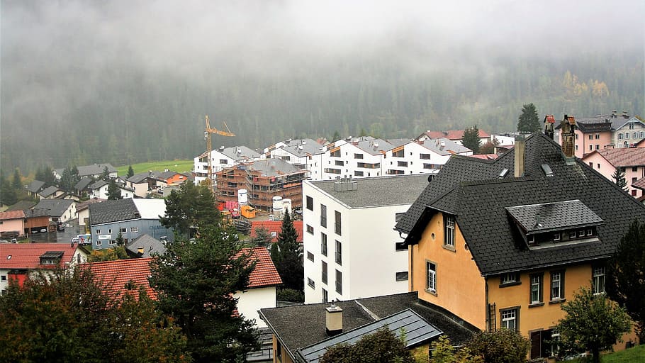 the height of the, the roofs, haze, rain, panorama, fall mountains, city, building exterior, architecture, built structure