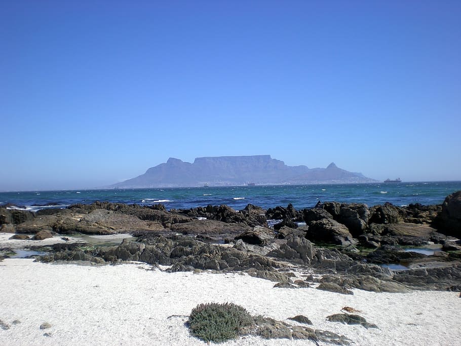 table mountain, table bay, mountain, flat mountain, flat top, cape town, south africa, panorama, scenic view, sky