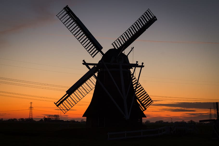 silhouette, windmill, golden, hour, rural, twilight, netherlands, dutch, holland, evening