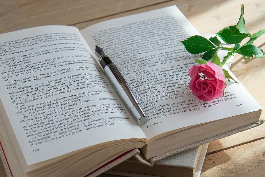 Rosa, libro, al lado, pluma estilográfica, bolígrafo, anillo, amor, romántico, historia de amor, libro antiguo