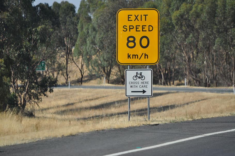 austrália, sinais, tráfego, saída, 80km, velocidade, placa, estrada, comunicação, árvore