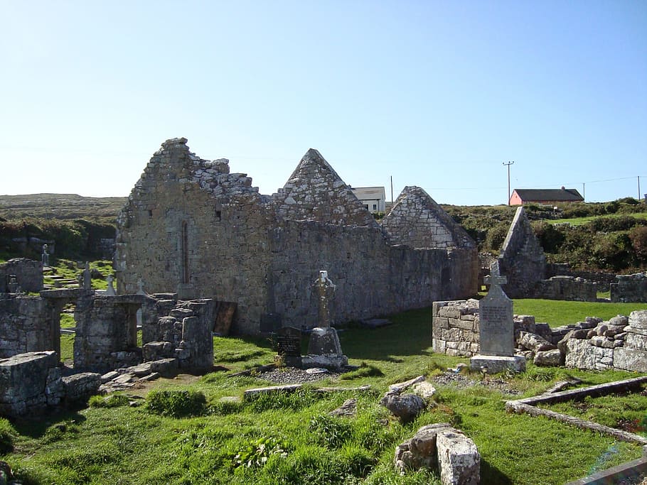 Inishmore, Irlanda, Aran, la bahía de Galway, restos, viejo, cementerio, lápida, historia, al aire libre