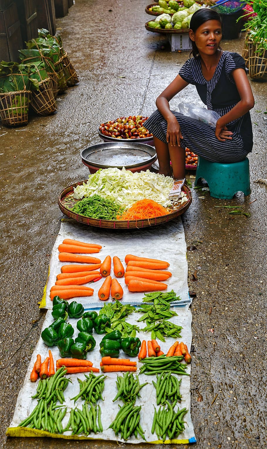 street, trader, lady, woman, selling, vegetables, simple, life, yangon, burma