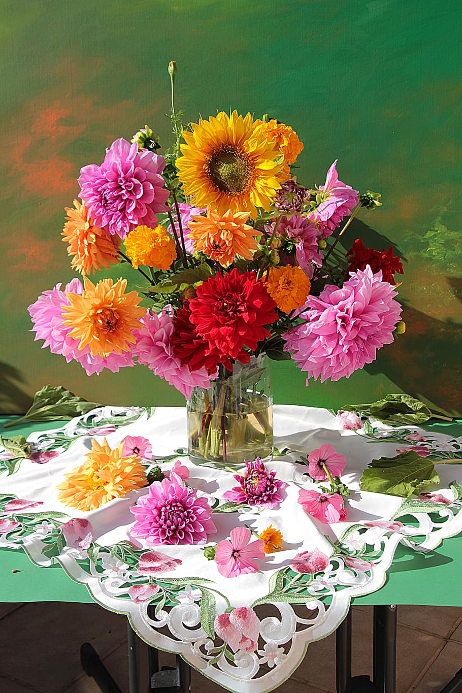 yellow, sunflowers, red, pink, dahlias, clear, vase painting, still life, blossom, bloom