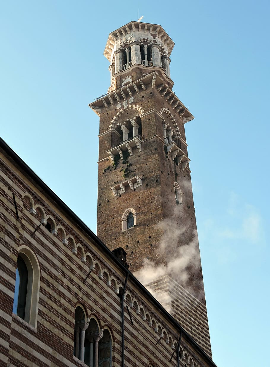 tower of lamberti, verona, italy, scala, monument, construction, smoke, low angle view, architecture, sky