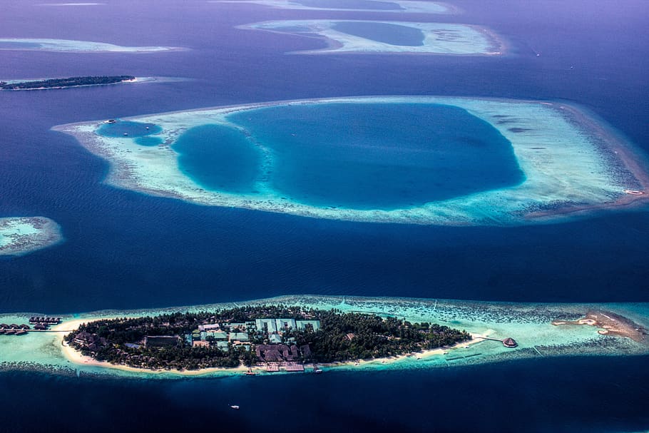 maldivas, atolón desde arriba, paisaje marino, atolones, laguna, paraíso, paisaje, cielo, océano, tropical