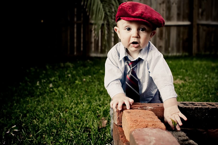 toddler boy, standing, brown, bricked bench, child, beret, bebe, necktie, baby, one person