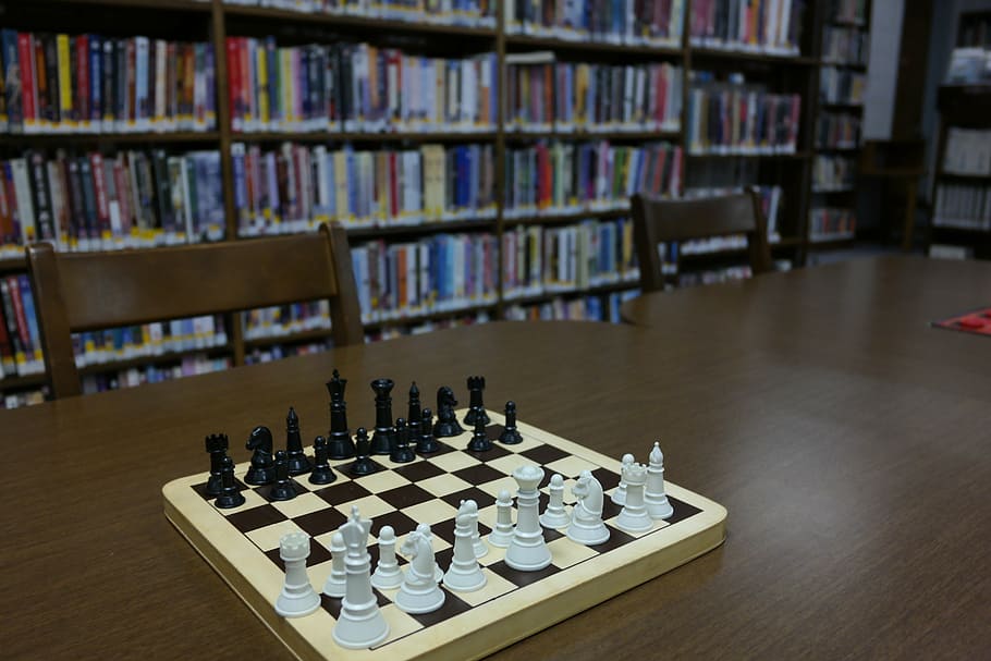 library, chess, chessboard, books, board game, game, leisure games, chess board, strategy, chess piece