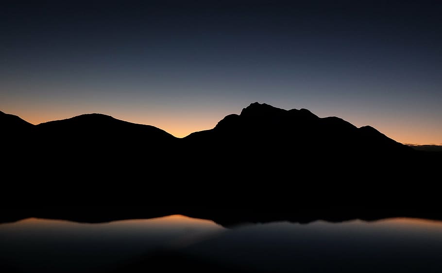 silhouette, mountain, dawn, dark, highland, landscape, nature, sky, reflection, sunset