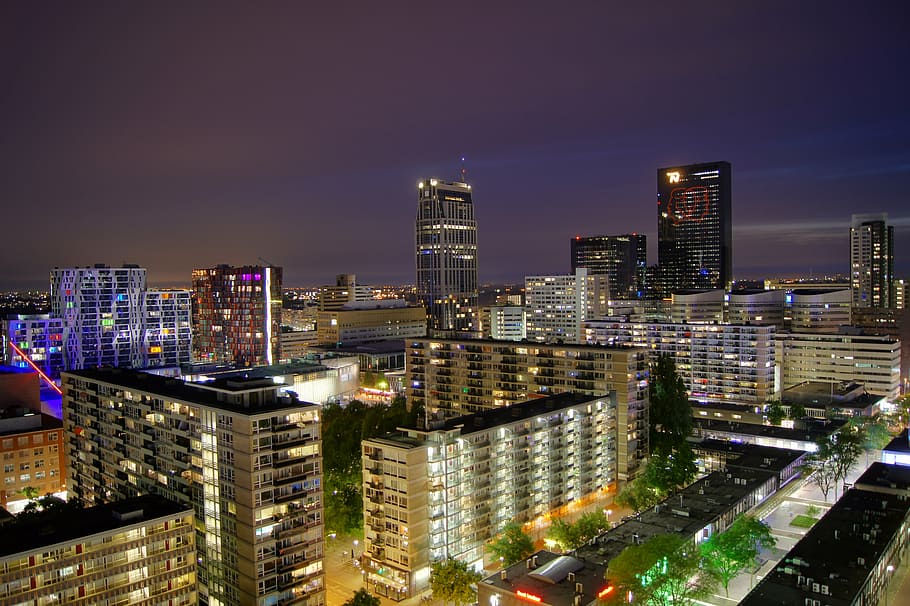 antena, fotografia, edifícios da cidade, período noturno, iluminado, alto, ascensão, edifícios, Roterdã, paisagem urbana