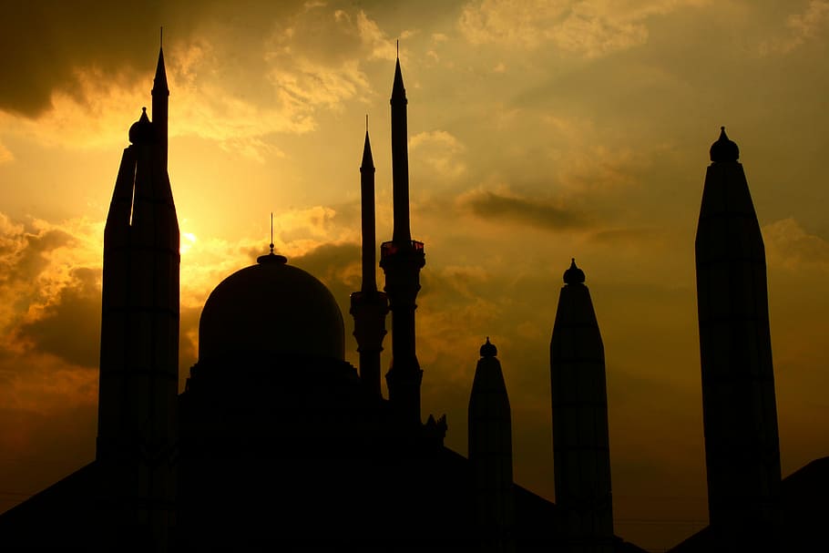 taj mahal, buildings, mosque, sunset, silhouette, indonesia, semarang, minaret, islam, architecture
