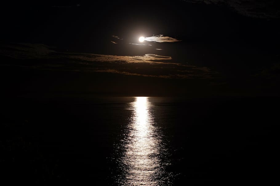 cuerpo, agua, noche, brillo de luna, océano, reflejo, luz, reflexión, transporte, modo de transporte