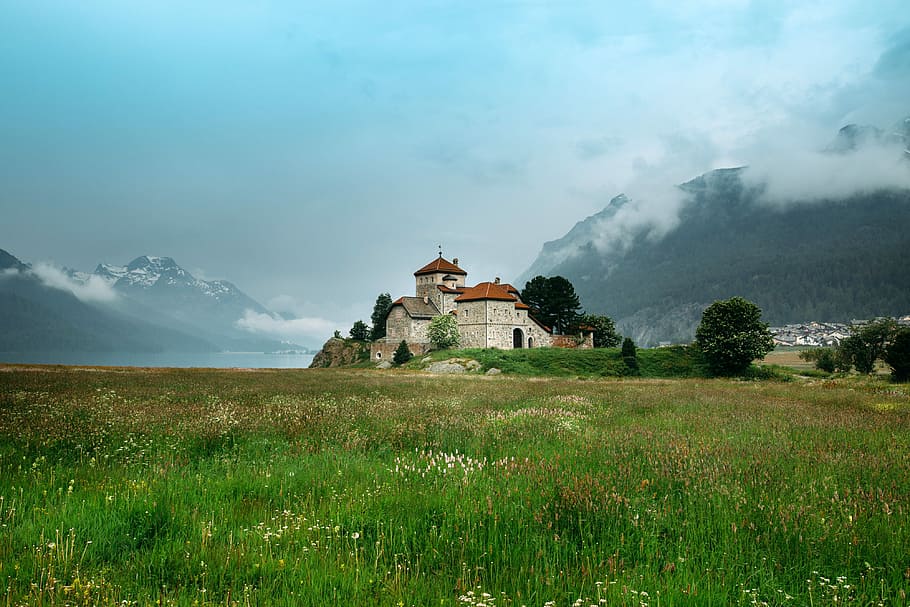 end, grassy, field, Castle, Saint Moritz, Switzerland, photos, grassy field, house, landscape