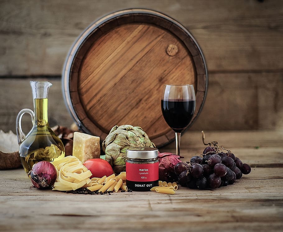 still life, wine, wine glass, oil, spice, pasta, food and drink, refreshment, drink, alcohol